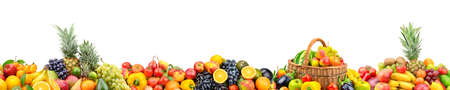 Panoramic wide photo with variety of fresh fruits and vegetables isolated on white background. Copy space.の写真素材