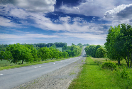 Asphalt road in the countryside through green summer fields and a bright blue sky with white clouds.