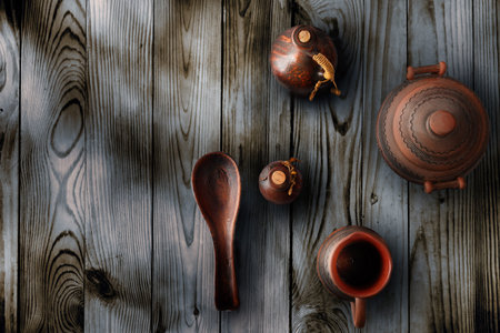 Set of pottery on dark wooden table in retro style. Top view. Free space for text.