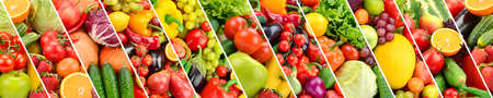 Panoramic collection fresh fruits and vegetables separated oblique stripes.の写真素材