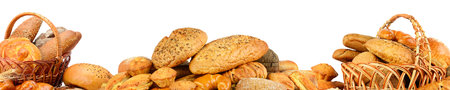 Wide collage freshly baked bread items isolated on white background.