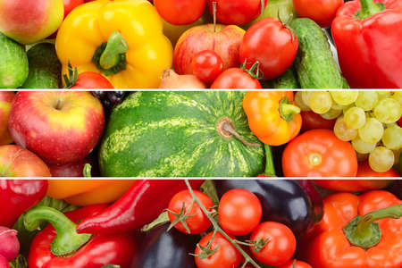 Three panoramic photos of fruits and vegetables in one photo. Collage.の写真素材