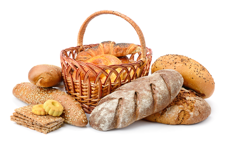 Fresh bread, buns and cookies isolated on white backgroundの写真素材