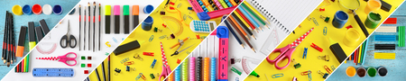 Wide collage stationery / school supplies separated inclined linesの写真素材