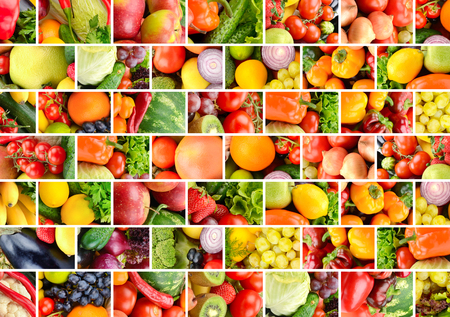 Fruits, vegetables and berries separated vertical and horizontal lines in form brick wallの写真素材