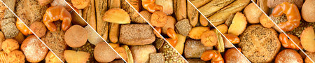 Panoramic set fresh bread products. Wide format. Top viewの写真素材