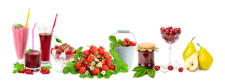 Panoramic collage fruit, drinks, ice cream for glass kitchen panel