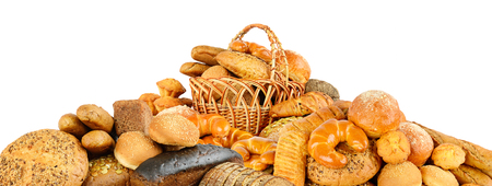 pile bread products isolated against white backgroundの写真素材