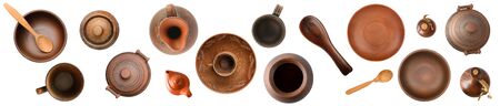 Panorama different ceramic products isolated on white background. Top view.の写真素材