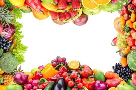 Collage fresh and healthy vegetables and fruits in form frame isolated on white. Free space for text.の写真素材