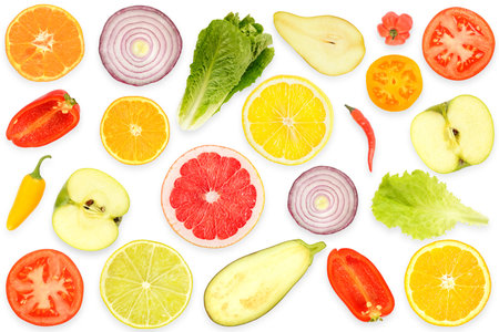 Top view of pattern fresh cut vegetables and fruits isolated on white background.