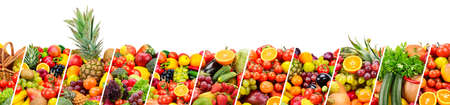 Panoramic photo fruits and vegetables separated by slanted lines isolated on white background.の写真素材