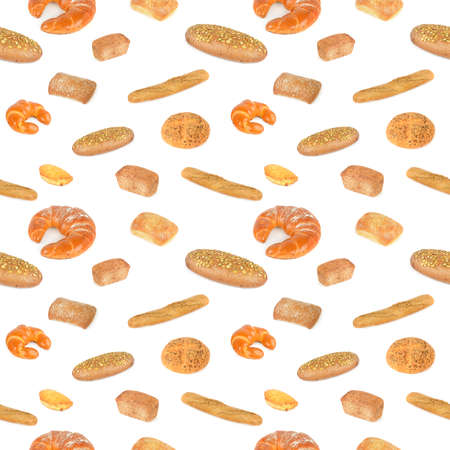 Seamless pattern varied set fresh and healthy bread products isolated on white background.の写真素材