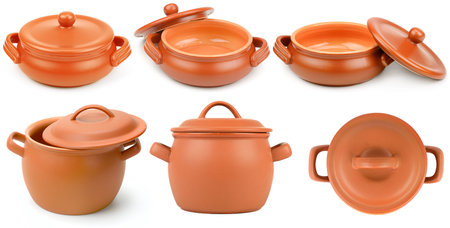 Set ceramic pots from different angles isolated on white background.