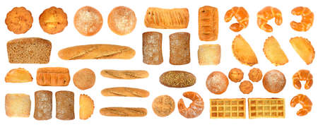 Large set healthy bread products isolated on white background.の写真素材