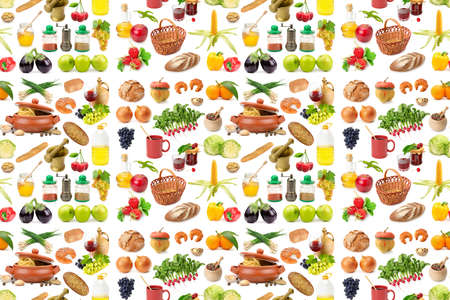 Big seamless pattern of various healthy products isolated on white background.の写真素材