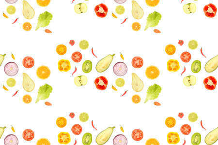 Fruits and vegetables slices isolated on white background. Seamless pattern.の写真素材