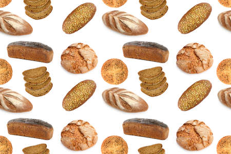Large seamless pattern fresh loaves bread isolated on white background.の写真素材
