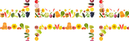 Large bright seamless pattern fresh fruits, vegetables, berries isolated on white background.