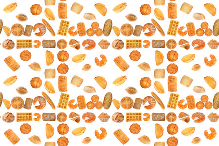 Bread products seamless pattern isolated on white backgroundの写真素材