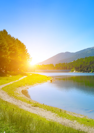 Early morning with bright sun on the shore of picturesque lake.の写真素材