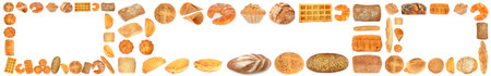 Set of frames of baked bread products isolated on white background.