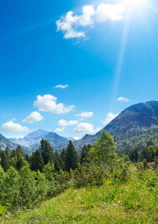 Beautiful sunrise in mountain valley in Andorra. Pyrenees.の写真素材