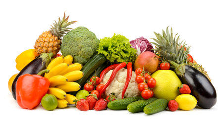 Collection of fruits and vegetables isolated on white background for your project. Copy spaceの写真素材