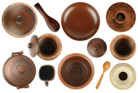 Variety of clay and ceramic products for cooking isolated on white background. Top view.の写真素材