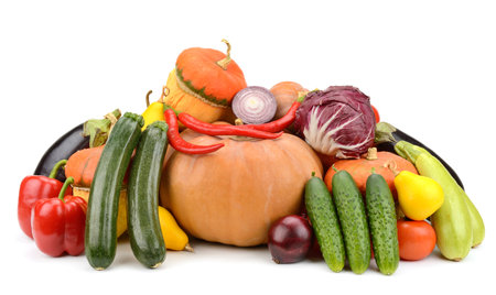 Large collection of useful vegetables and fruits isolated on white backgroundの写真素材
