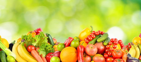Panorama multicolored fresh fruits and vegetables on green natural background.の写真素材