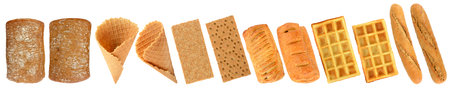 Collection freshly baked bread products isolated on white background.