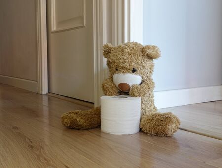 teddy bear protecting its toilet paper in house.の写真素材