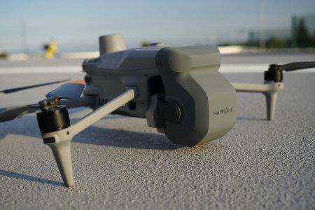 Drone matrice 4e, close up with lens cover. horizontal view