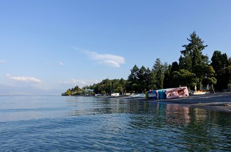 Deserted beach in the early morning on Ohrid Lake Ohridの写真素材