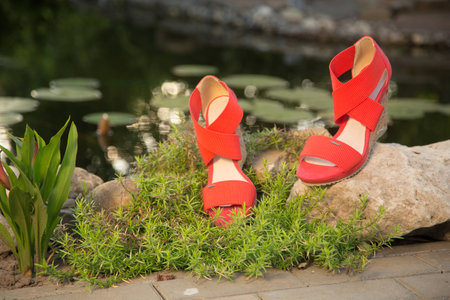 two pairs of green and red shoes and bag lay on the grassの写真素材