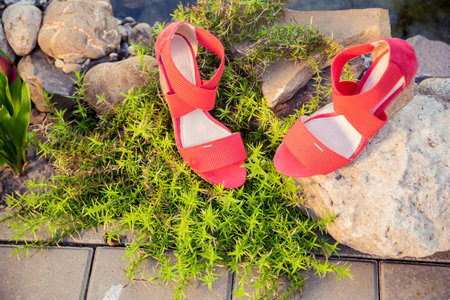 two pairs of green and red shoes and bag lay on the grassの写真素材