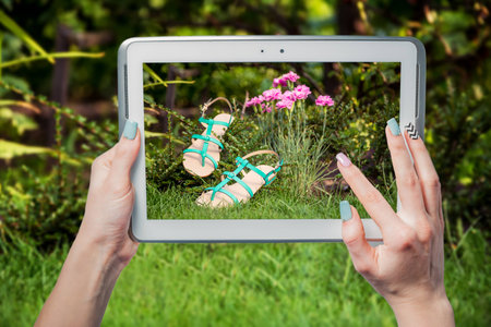 Girl photographs, sandals, shoes online shoppingの写真素材