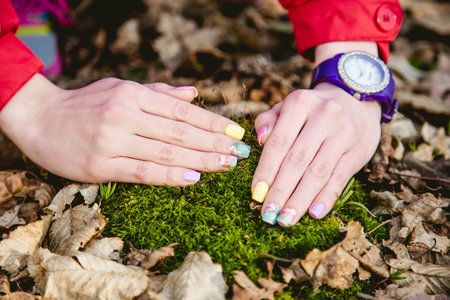 manicure on a background of mossの写真素材