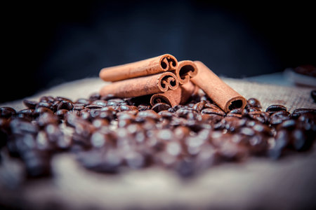 cinnamon and spillage of coffee beansの写真素材