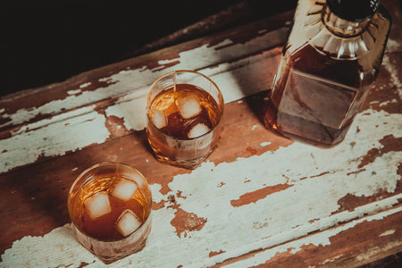 Two glasses of whiskey vintage photo, a bottle bar on wooden rackの写真素材