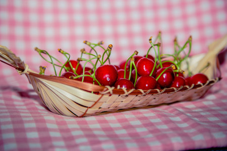 Ripe cherries in a basket on pink tableclothの写真素材