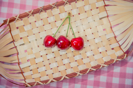Sprig of cherries, ripe cherries on a pink background