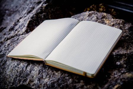 Entries in a notebook, net notebook on a granite stone aの写真素材