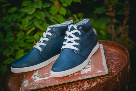 Men's shoes, sneakers on nature, beauty fashionの写真素材