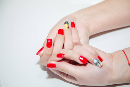 Red Manicure, women's handsの写真素材