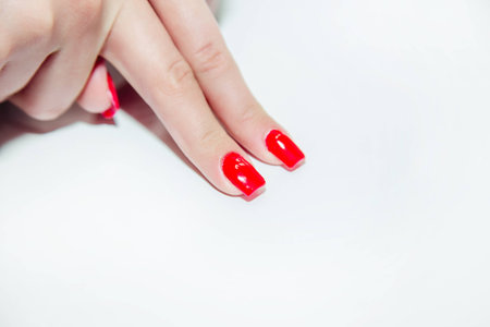Red Manicure, women's handsの写真素材
