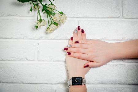 Red nails, shell on the nailの写真素材