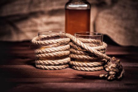 bottle of whiskey and glasses, alcohol bourbon whiskey