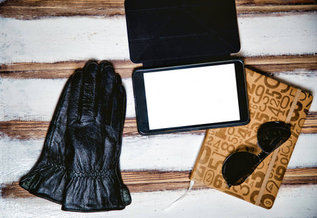 men's accessories, sunglasses plate and leather gloves, the ideaの写真素材